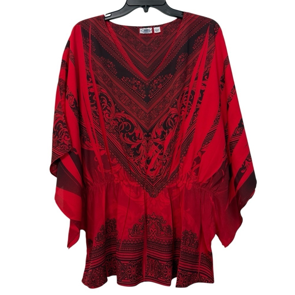🧨 5/$25 Cato Red and Black Patterned Batwing Blouse - Picture 2 of 8